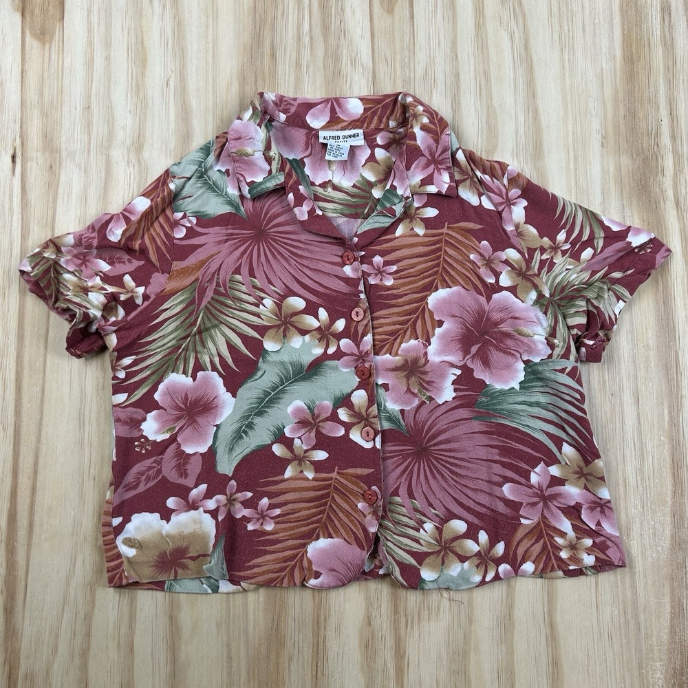 Alfred Dunner Women's Floral Crop Hawaiian Shirt Pink Red 16P Petite Rayon